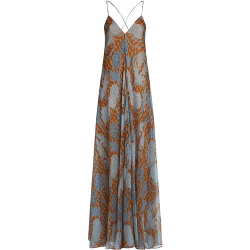 Blue Floral Silk Long Dress , female, Sizes: 2XS - ETRO - Modalova