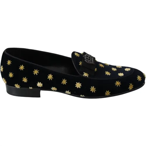 Blaue Samt-Loafers mit Kronenverzierung , Herren, Größe: 40 EU - Dolce & Gabbana - Modalova