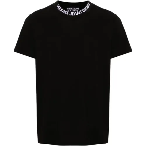 Schwarzes T-Shirt mit Logo-Verzierung am Rundhalsausschnitt , Herren, Größe: S - Versace Jeans Couture - Modalova