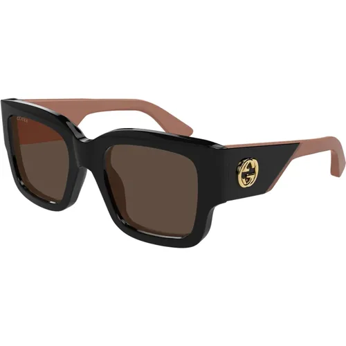 Stilvolle Beige Schwarz/Braune Sonnenbrille , Damen, Größe: 52 MM - Gucci - Modalova