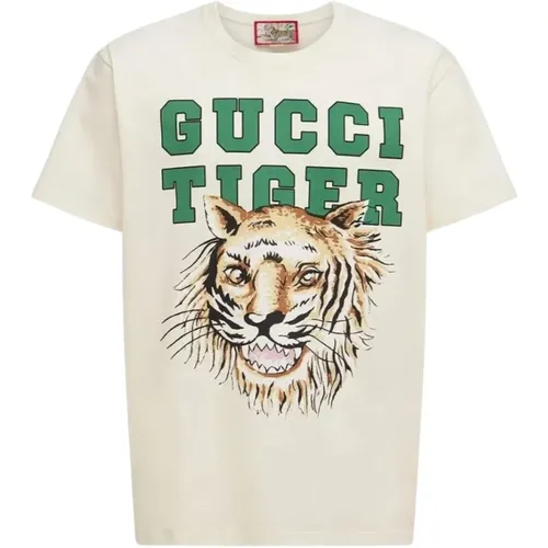 Tiger Print Logo T-Shirt in White , male, Sizes: L - Gucci - Modalova