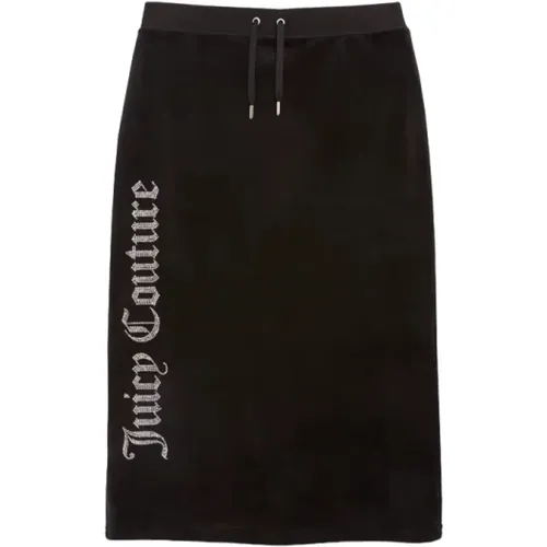 Schwarzer Velours Midi Rock mit Strass-Logo , Damen, Größe: S - Juicy Couture - Modalova