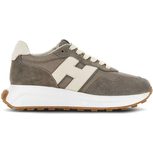 Taupe Wildleder Mesh Panel Sneakers , Damen, Größe: 35 EU - Hogan - Modalova