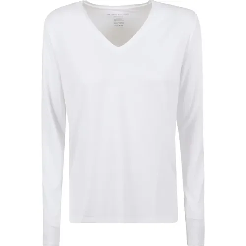 Weißes T-Shirt mit V-Ausschnitt und langen Ärmeln , Damen, Größe: L - majestic filatures - Modalova