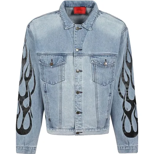 Denim Jacket With Black Printed Flames , male, Sizes: S - Vision OF Super - Modalova