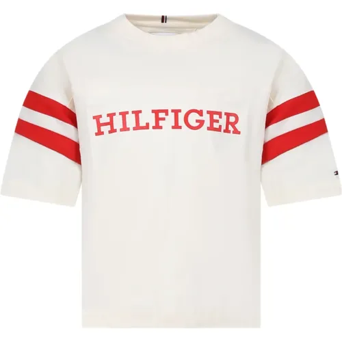 Ivory Cotton T-Shirt with Logo and Red Bands , unisex, Sizes: 10 Y - Tommy Hilfiger - Modalova