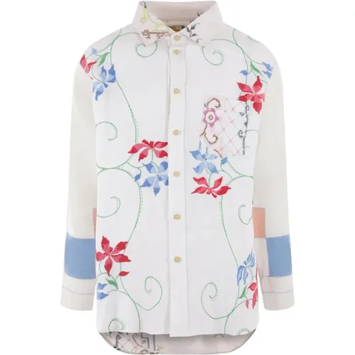 Floral Embroidered Beige Linen Shirt , male, Sizes: S, XL, L - By Walid - Modalova