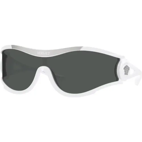 Weiße Rahmen, Dunkelgraue Gläser Sonnenbrille - Versace - Modalova