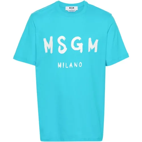 Brushstroke Logo Cotton T-shirt (Turquoise) , male, Sizes: XL, L - Msgm - Modalova