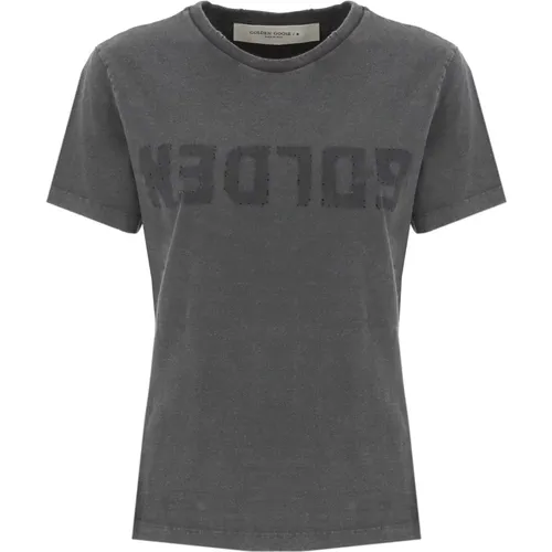 Graues Baumwoll-T-Shirt mit Logodetails , Damen, Größe: M - Golden Goose - Modalova