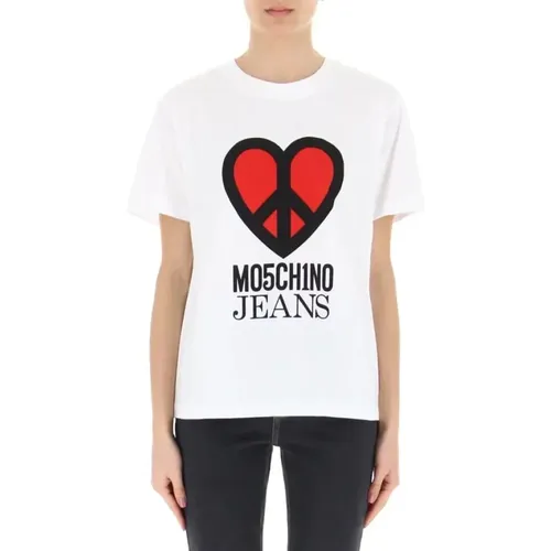 Weißes T-Shirt mit Rundhalsausschnitt und Druck - Moschino - Modalova