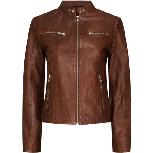 Classic Biker Jacket in Dark Cognac with Silver Accents , female, Sizes: L, XL, 4XL, 2XL, M, 3XL - Btfcph - Modalova