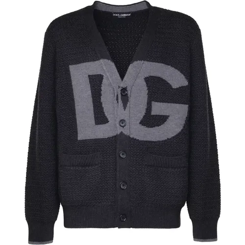 Dark Grey Logo Cardigan Sweaters , male, Sizes: L - Dolce & Gabbana - Modalova