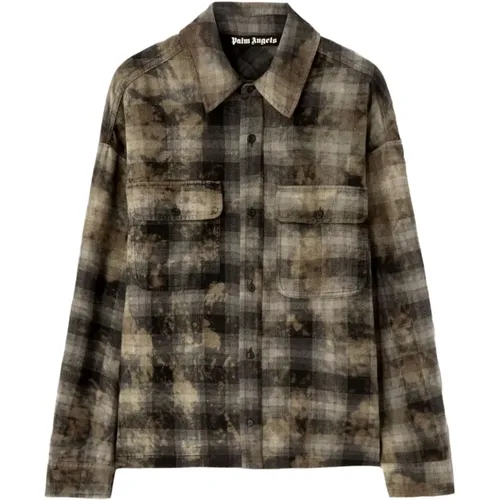 Kariertes Muster Distressed Hemd Grau,Gekrümmtes Logo Check Shirt Grau - Palm Angels - Modalova