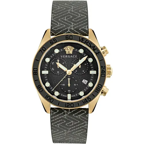 Greca Dome Chrono Leather Strap Watch , male, Sizes: ONE SIZE - Versace - Modalova