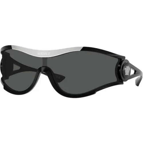 Schwarzer Rahmen, Dunkelgraue Gläser Sonnenbrille , unisex, Größe: 42 MM - Versace - Modalova