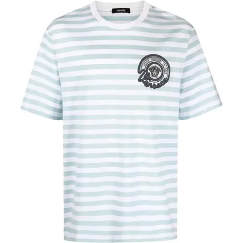 Striped Jersey Fabric T-Shirt with Embroidered Nautical Emblem , male, Sizes: S, M, L - Versace - Modalova