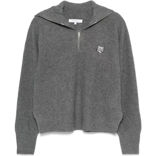 Grey Sweater with Bold Fox Patch , female, Sizes: M - Maison Kitsuné - Modalova