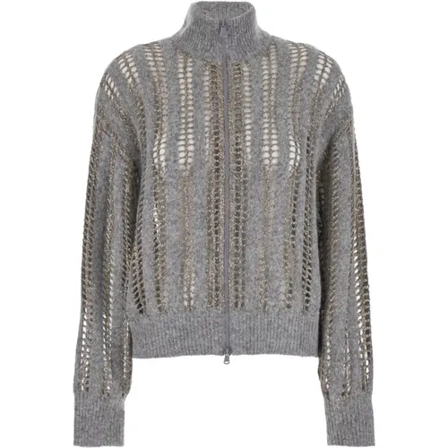Embellished Cardigan Sweater Grey , female, Sizes: M, L, XL - BRUNELLO CUCINELLI - Modalova