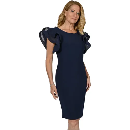 Navy Dress with Dramatic Ruffle Sleeves , female, Sizes: XL, 2XL, M, S - Frank Lyman - Modalova