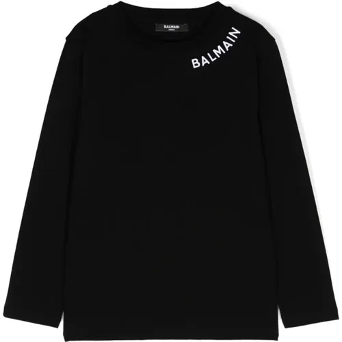 Schwarzes Baumwollstricklogo Besticktes Langarm-T-Shirt - Balmain - Modalova