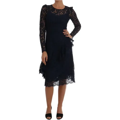 Blue Floral Lace Sheath Dress , female, Sizes: XS - Dolce & Gabbana - Modalova