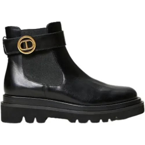 Schwarze Leder Chelsea-Stiefel mit Oval T-Logo , Damen, Größe: 35 EU - Twinset - Modalova