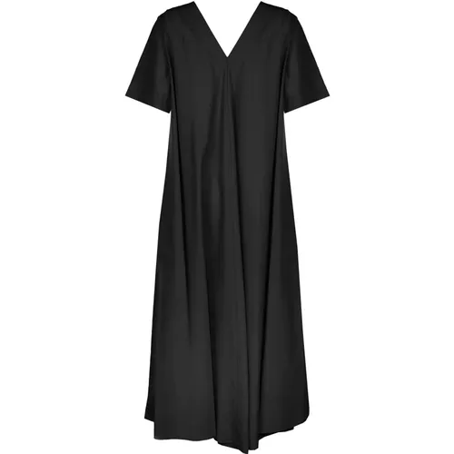 Schwarzes Popeline Midi-Kleid mit V-Ausschnitt , Damen, Größe: S - Ottod'Ame - Modalova