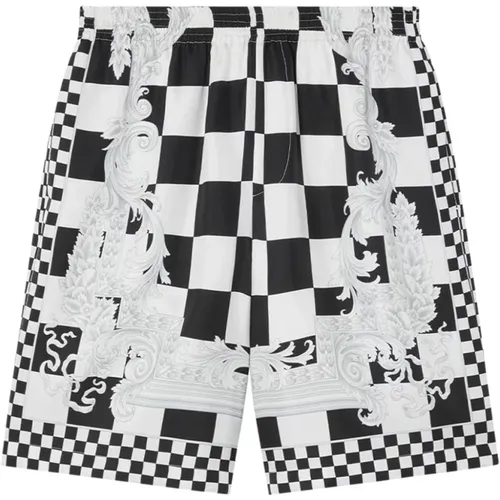 Barocco Print Silk Checkerboard Shorts , male, Sizes: M - Versace - Modalova