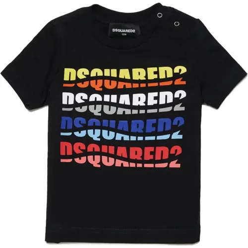 Kinder Schwarzes T-Shirt mit Multicolor-Logo,Multicolor Wellen-Effekt T-Shirt - Dsquared2 - Modalova