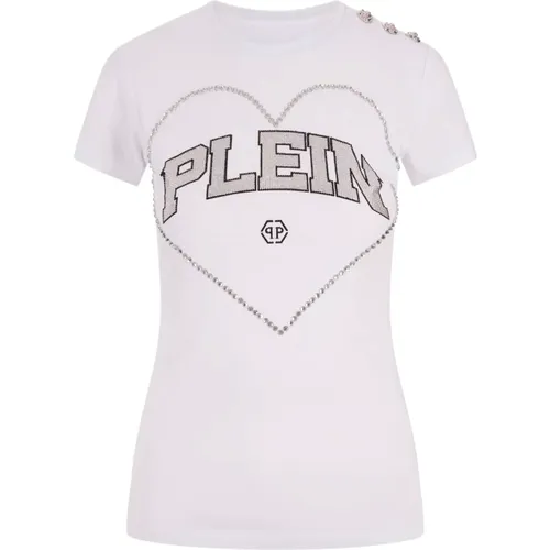 Weißes Kristallherz T-Shirt , Damen, Größe: M - Philipp Plein - Modalova