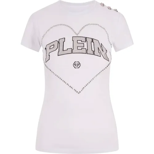 Weißes Kristallherz T-Shirt , Damen, Größe: S - Philipp Plein - Modalova