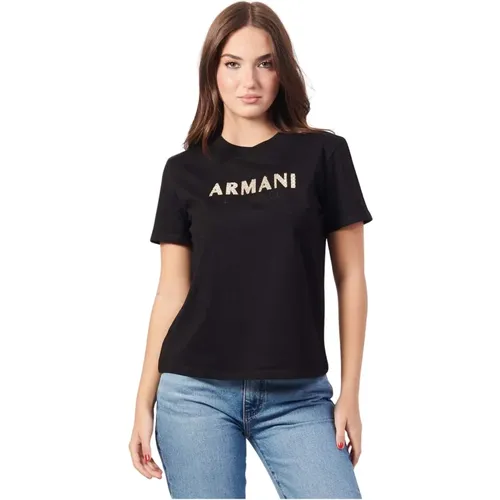 Schwarzes T-Shirt mit Rundhalsausschnitt und farbigem Logo , Damen, Größe: L - Armani Exchange - Modalova