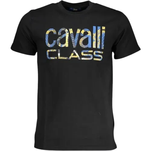 Schwarzes Baumwoll-T-Shirt mit Druck-Logo , Herren, Größe: L - Cavalli Class - Modalova