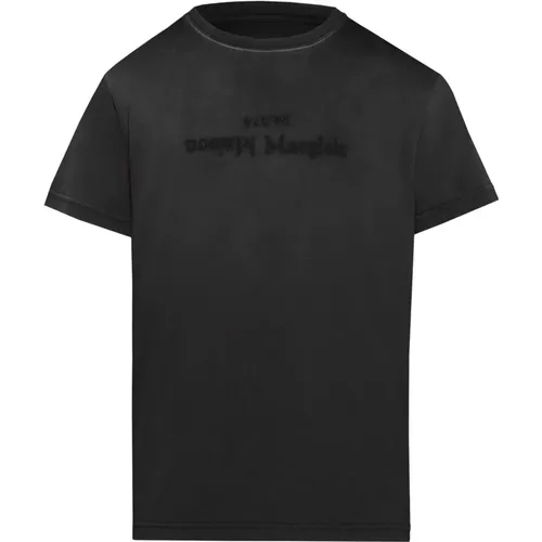 Schwarzes Logo-Print Baumwoll T-Shirt,Graues T-Shirt mit umgedrehtem Logo - Maison Margiela - Modalova