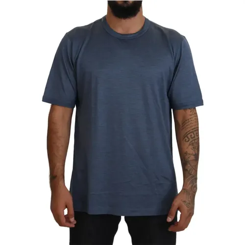 Blaues Seiden Crewneck Kurzarm T-Shirt , Herren, Größe: 3XL - Dolce & Gabbana - Modalova