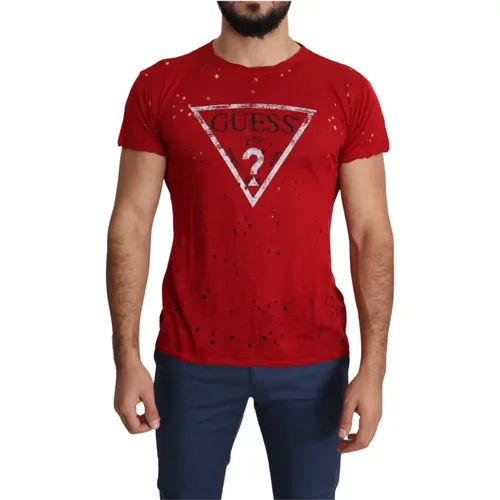 Rotes Baumwoll-Statement-T-Shirt , Herren, Größe: L - Guess - Modalova