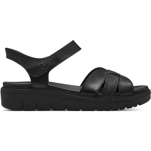 Schwarze Casual Offene Flache Sandalen , Damen, Größe: 36 EU - tamaris - Modalova