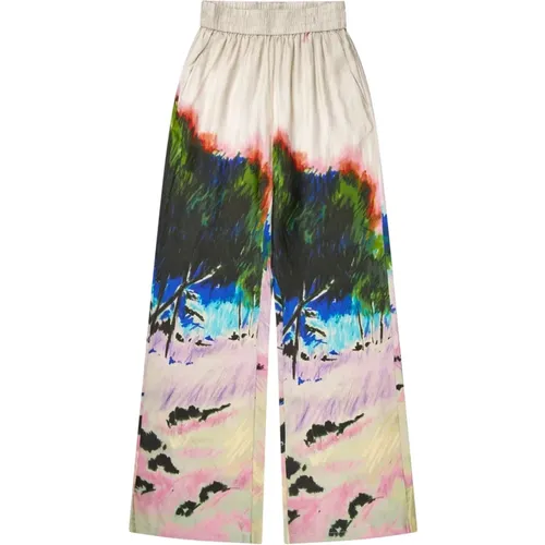 Landscape Print Silk Elastic Waist Pants , female, Sizes: XS, S, 2XL, XL, M, L - Munthe - Modalova