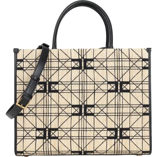 Handtasche mit Geometrischem Muster aus Stroh und Schwarzem Schulterriemen , Damen, Größe: ONE Size - Elisabetta Franchi - Modalova