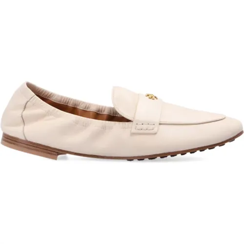 Cremefarbene Wildleder-Loafers mit goldenem Logo - TORY BURCH - Modalova