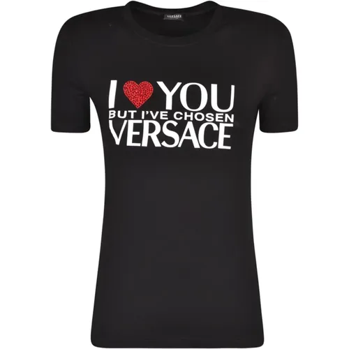 Schwarzes T-Shirt mit Slogan-Druck und Strasssteinen , Damen, Größe: 2XS - Versace - Modalova