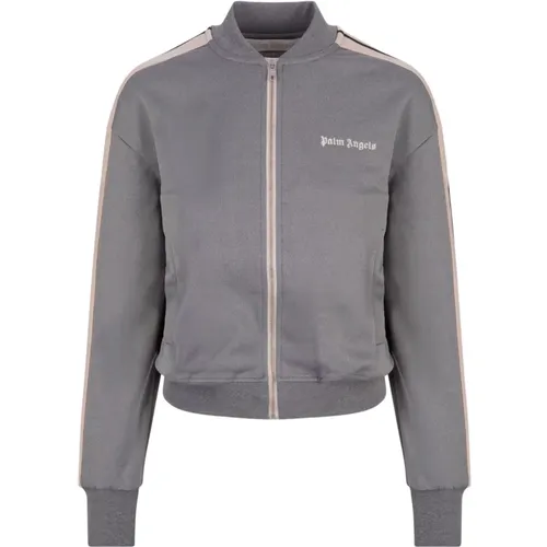 Grey Full-Zip Sweatshirt with Contrasting Bands , female, Sizes: L - Palm Angels - Modalova