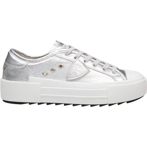 Silberne Low-Top-Sneakers mit Goldenen Ösen , Damen, Größe: 38 EU - Philippe Model - Modalova