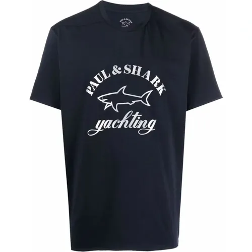 Blau Gestricktes Kurzarm T-Shirt - PAUL & SHARK - Modalova