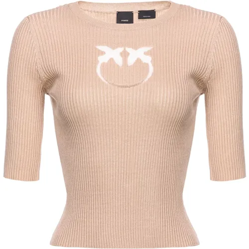 Gerippter Pullover mit transparentem Love Birds Logo , Damen, Größe: L - pinko - Modalova