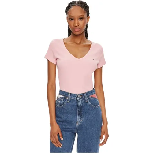 Geripptes V-Ausschnitt Baumwoll-T-Shirt , Damen, Größe: XS - Tommy Jeans - Modalova