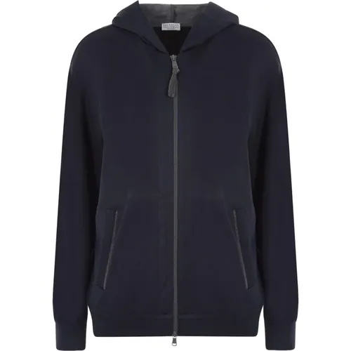 Blue Hooded Sweater with Zipper and Embroidery , female, Sizes: S, M - BRUNELLO CUCINELLI - Modalova