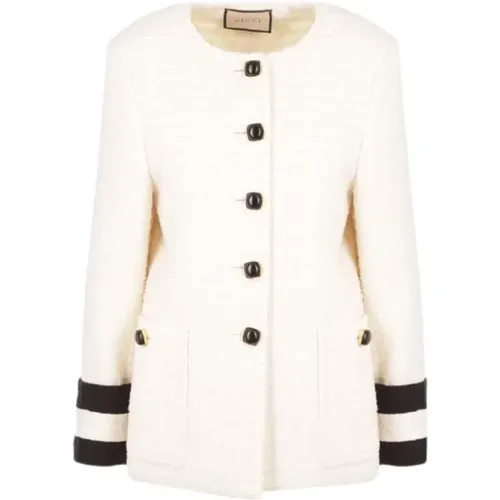 Ivory Tweed Jacket with Structured Shoulders and Striped Cuffs , female, Sizes: M - Gucci - Modalova