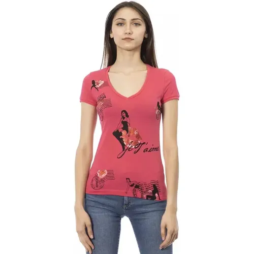 Schickes V-Ausschnitt T-Shirt mit Frontprint , Damen, Größe: M - Trussardi - Modalova